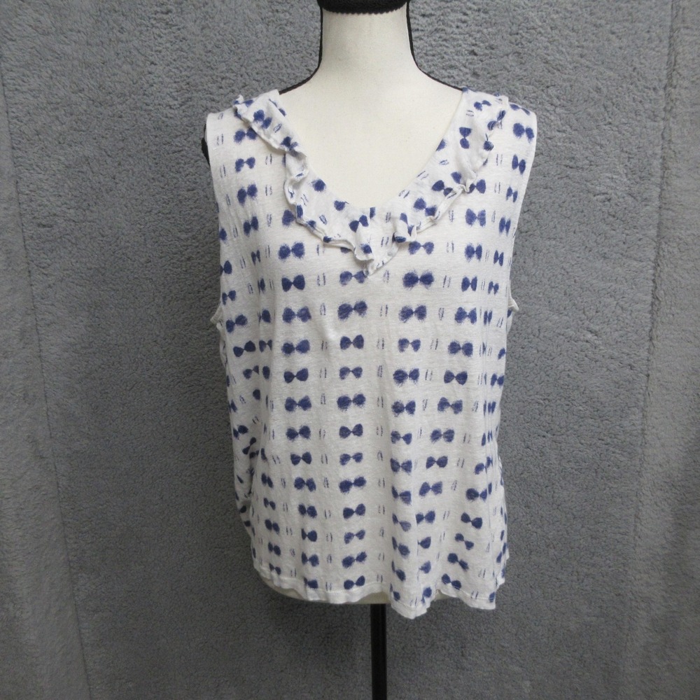 Ann Taylor Linen Tank Women XL‎ White Blue Ruffle Geometric Print Coastal Resort